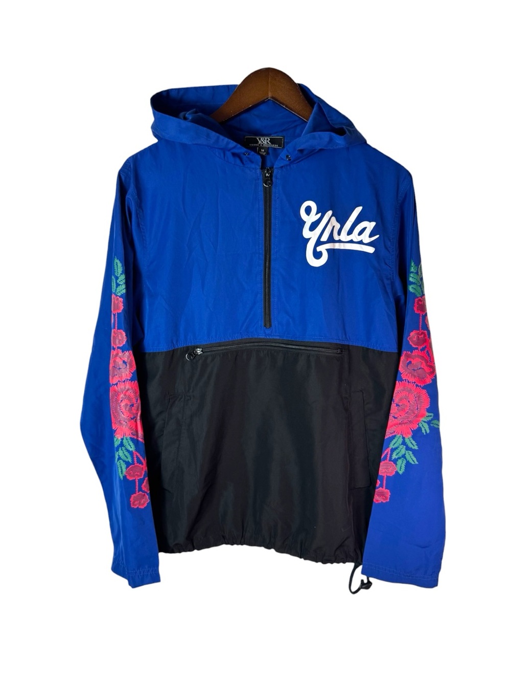 Young & Reckless Hoodie Windbreaker 1/4 Zip Blue Rose Design Men's Medium